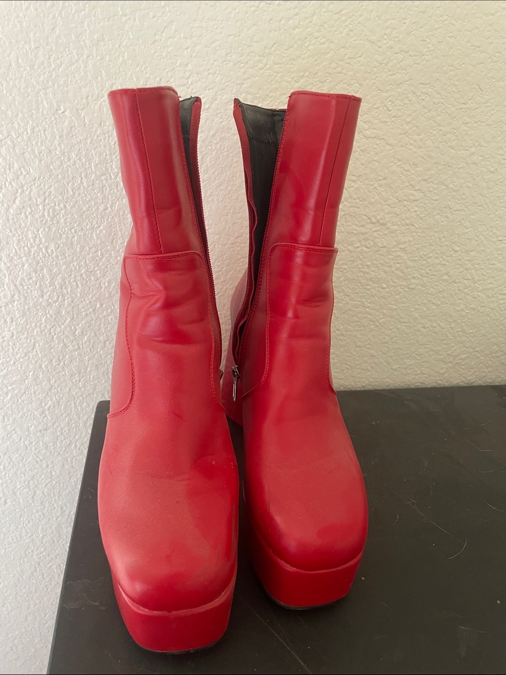 Red Platform Ankle Boots — Women's Zip-Up Chunky Heel